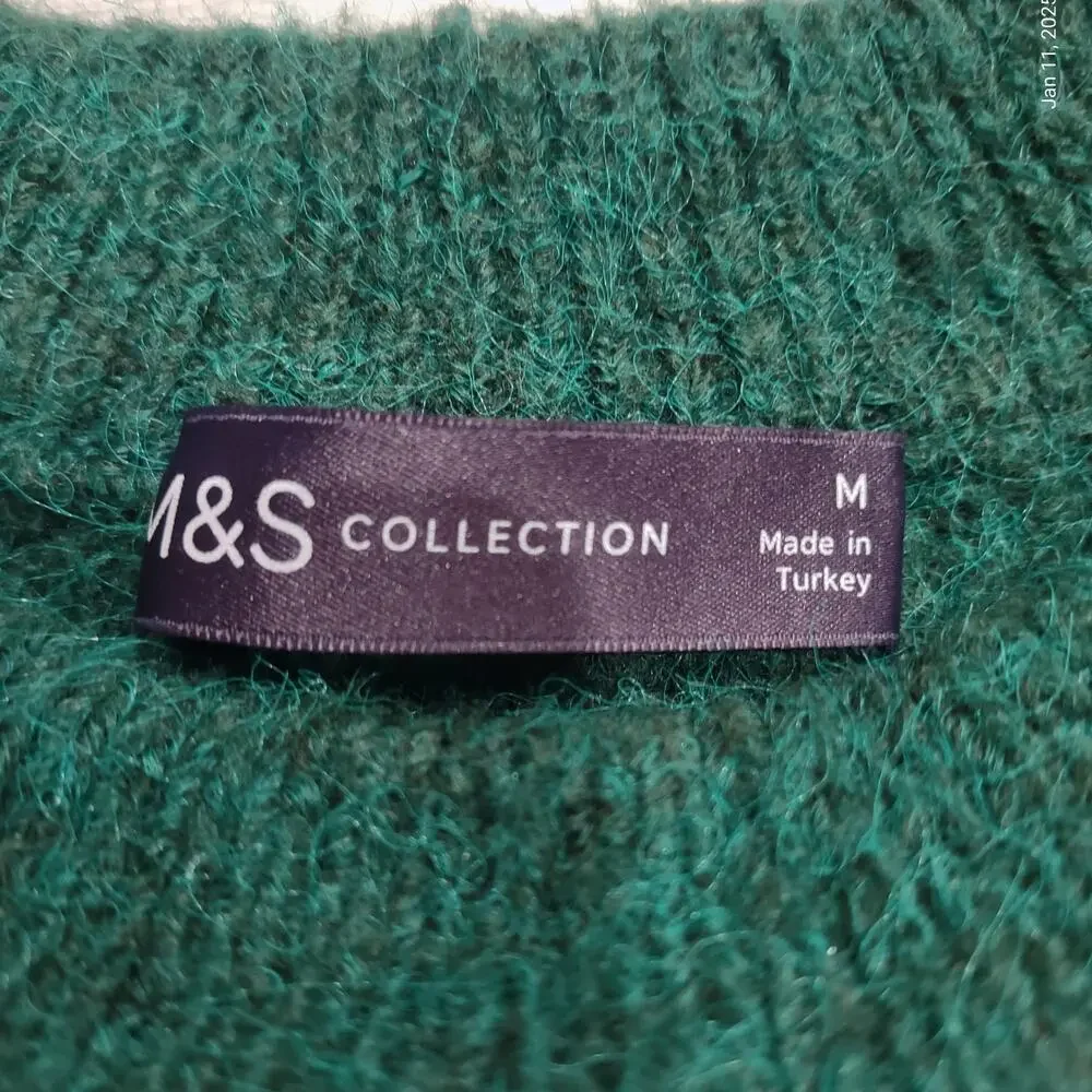 MARKS & SPENCER Green Sweater Size M Silver Sequins Crew Neck Raglan Sleeve Cozy